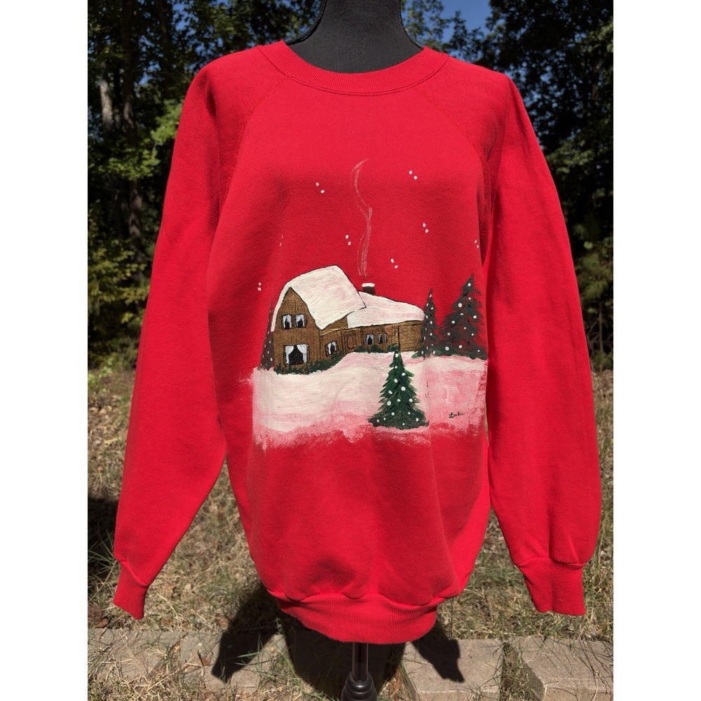Vintage Hand Painted Christmas Sweatshirt XL Snowy Cabin Artist Signed USA